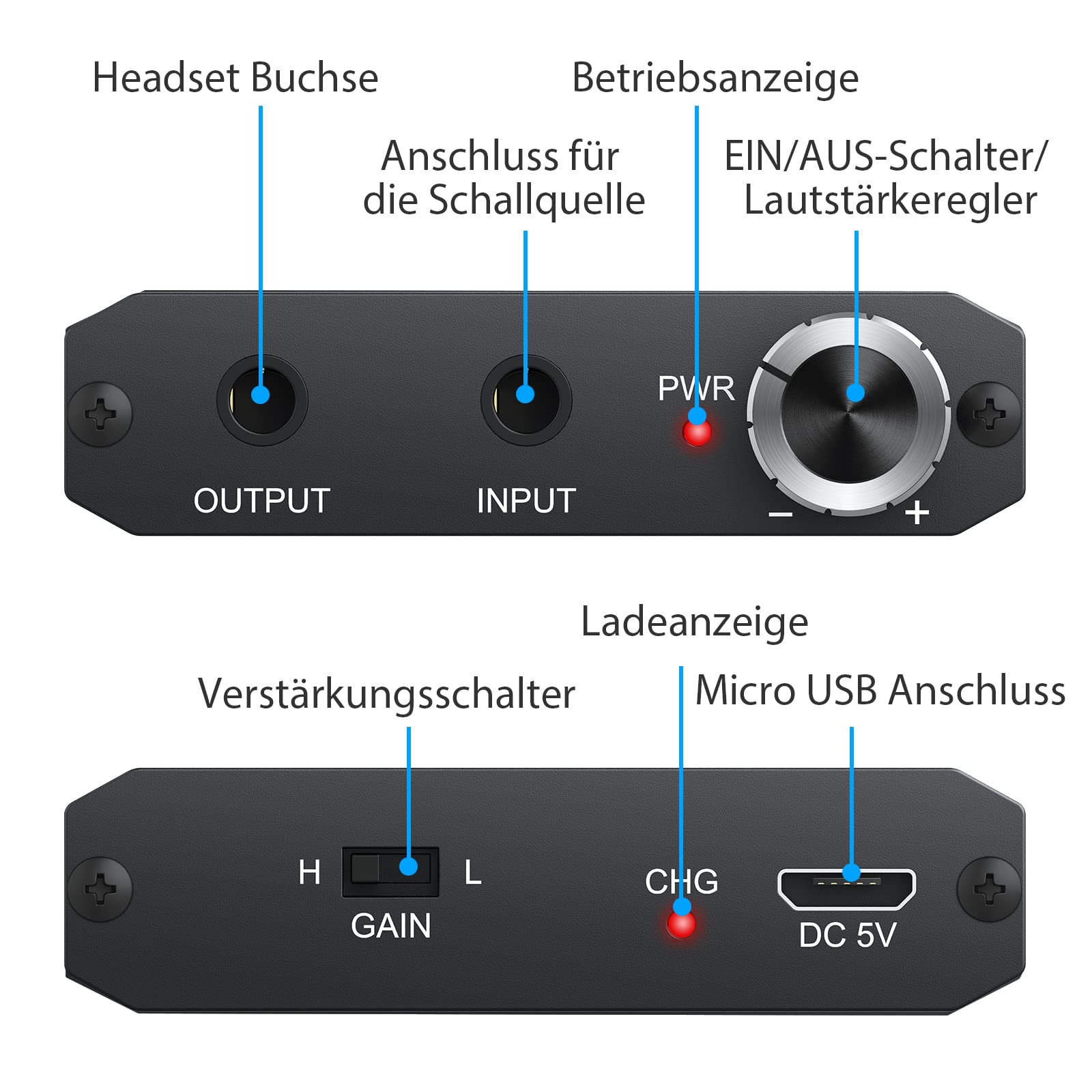 eSynic HiFi Kopfhörer Verstärker – 16-150Ω Mini Kopfhörer Amp Audio Verstärker, 3.5mm AUX Eingang, 1000mAh Akku, tragbar, Aluminium Gehäuse, für MP3, MP4, Smartphone und PC