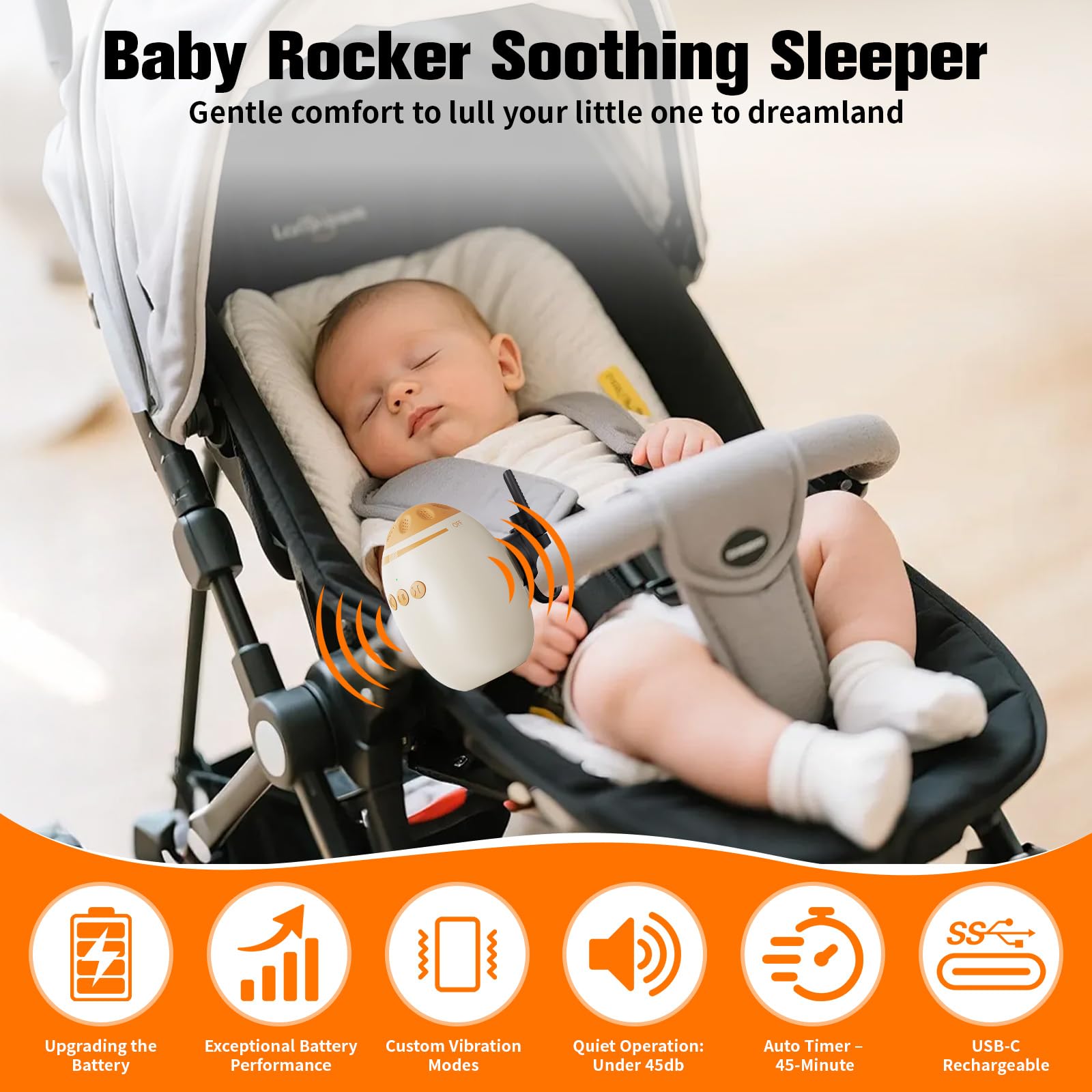 Electric Baby Rocker, USB-C Rechargeable Stroller Rocker with Custom Vibration Modes & 45-Min Timer, Ultra-Quiet Baby Sleep Aid Universal for Strollers and Buggies - Image 2