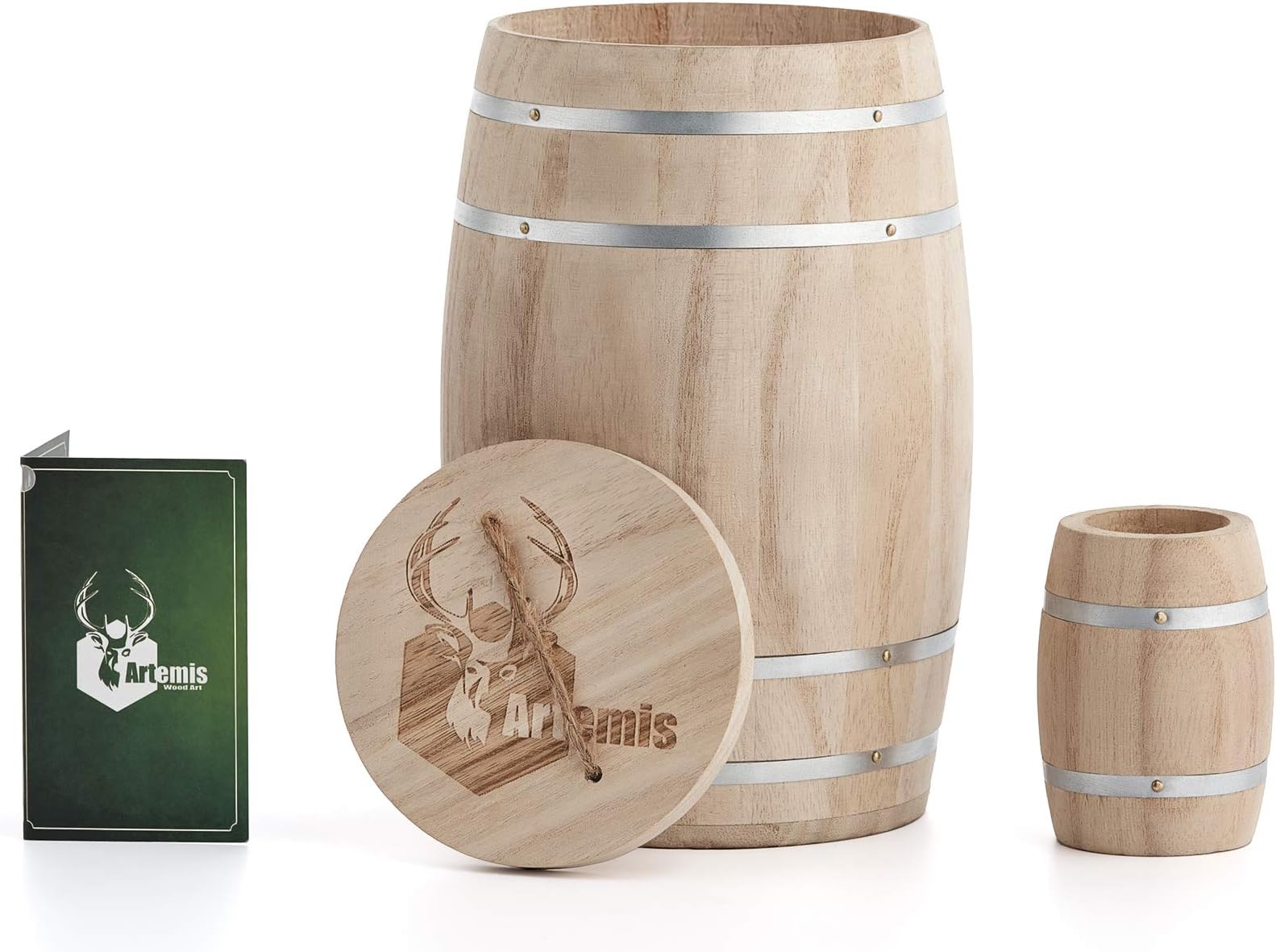 Decorative Container Wooden Barrel w/ Lid for Home Decor - Handmade Caddy for Kitchen, Bar, Dining / Living Room and Office. Versatile Storage. Bonus Small Whiskey Barrel Toothpick Holder