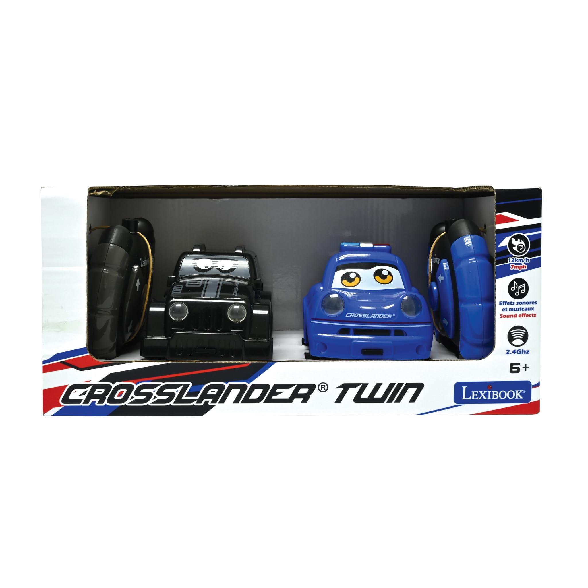 Lexibook Crosslander® Twin, Set di 2 auto radiocomandate (auto della polizia, auto dei ladri), fino a 12 km/h, effetti sonori e luminosi, 2 telecomandi, nero/blu, RC12
