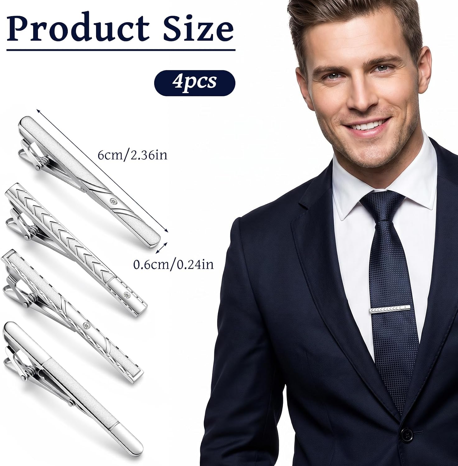4Pcs Silver Tie Clip for Men Business Ties Bars Clasps Tie Pins