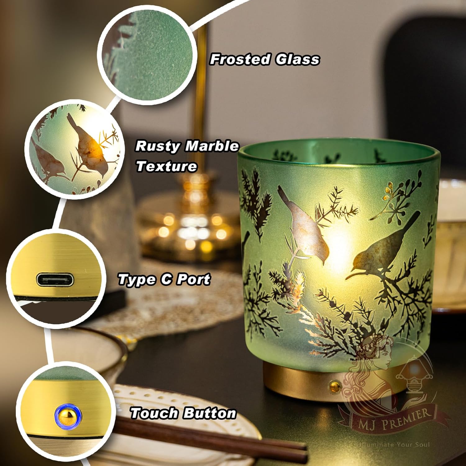 Cordless Rechargeable Table Lamp, Glass USB-C Decorative Small Accent Lamps for Entryway/Stairway/Bathroom/Corner, Touch Control Dimmable Battery Operated Lamp, Emergency Lamps for Power Outage