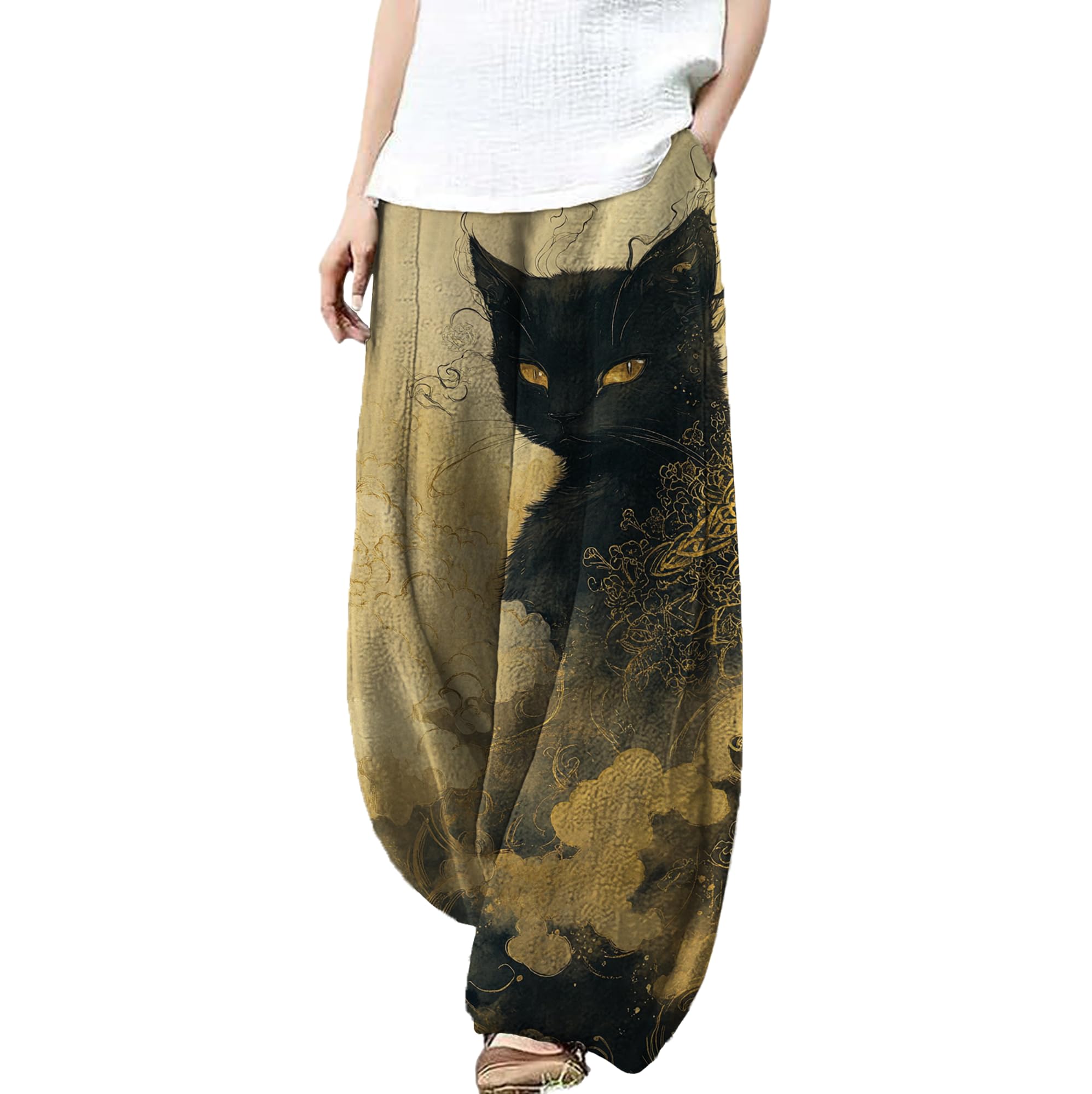 MARSVOVO Wide Leg Pants Woman Lounge Casual Cute Print Harem Pants Plus Size Elastic Travel Palazzo Pants with Pockets