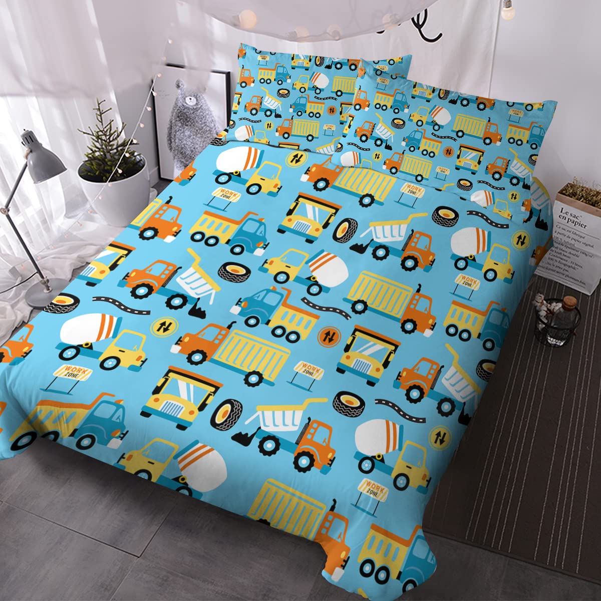 Fancy Collection 3-Piece Twin Sheet Set - Trucks, Tractors & Cars Pattern In Light Blue, Dark Blue, Red, Yellow, Black, White