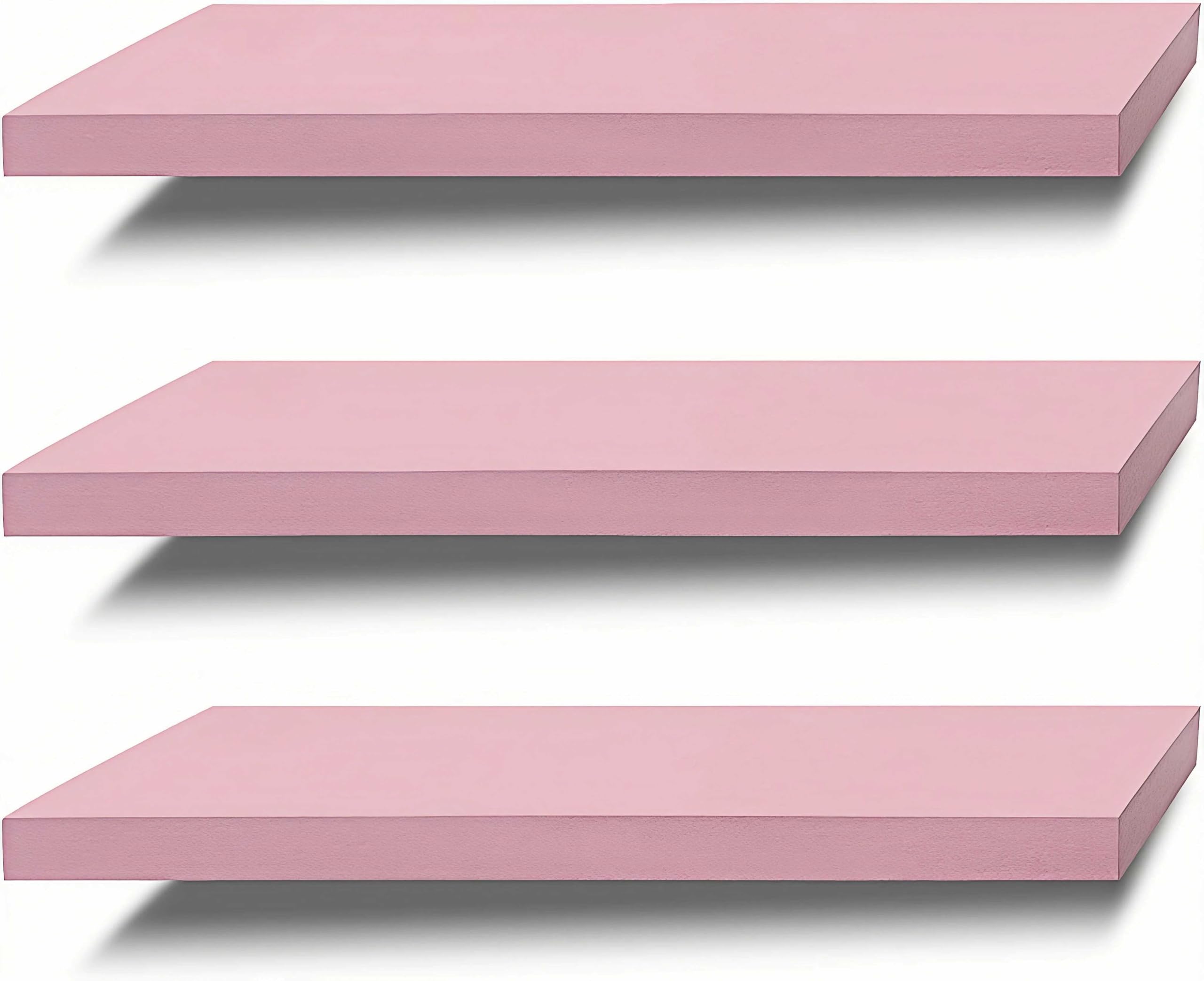 SAUMONIERES Juego de 3 estantes flotantes de pared de madera maciza para baño, dormitorio, cocina, estantes de pared rosados