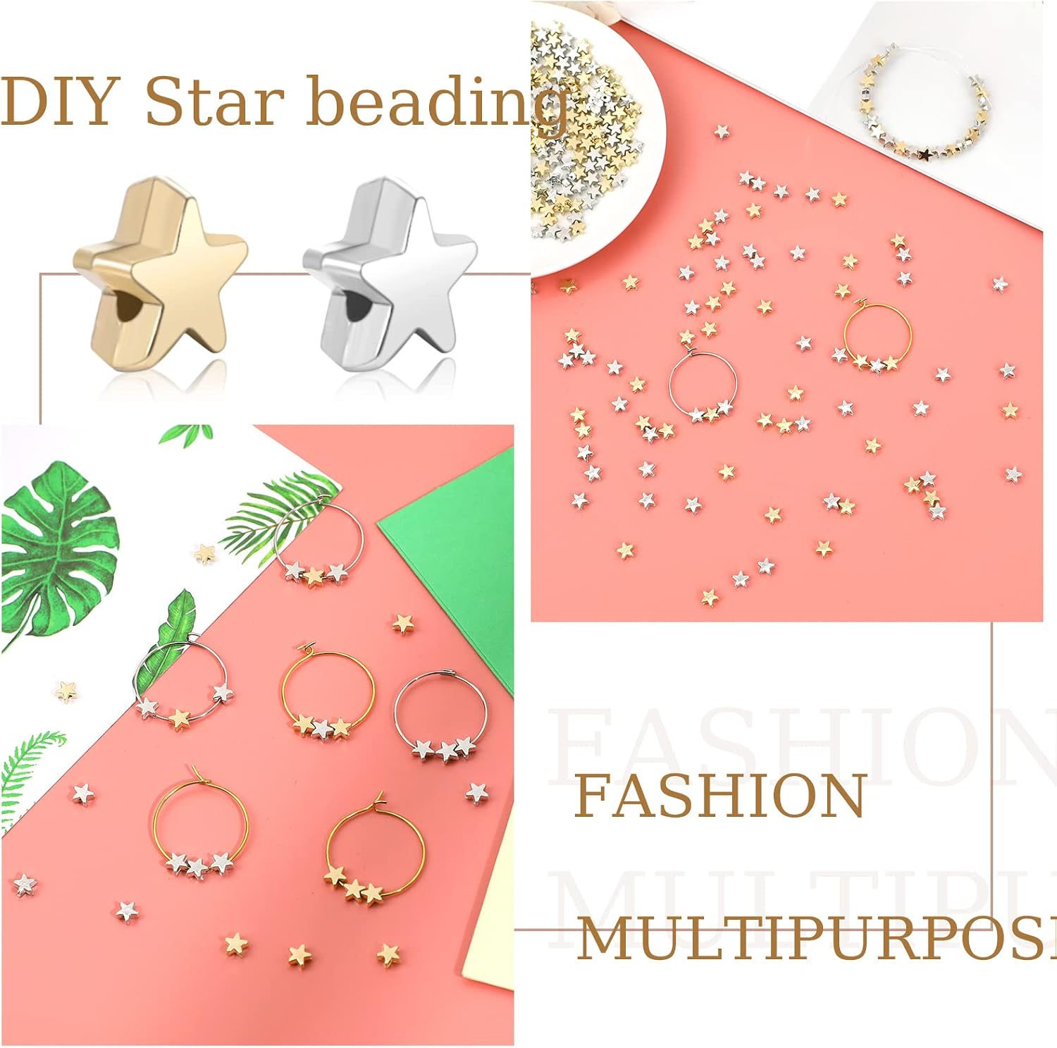 400 Pcs Star Shape Spacer Beads, 6mm Star Buttons for Crafts Large Hole Stars Loose Beads Stars Spacer Bead Jewelry Charm Loose Bead for DIY Bracelet Necklace Jewelry Crafts Making (Gold, Silver)