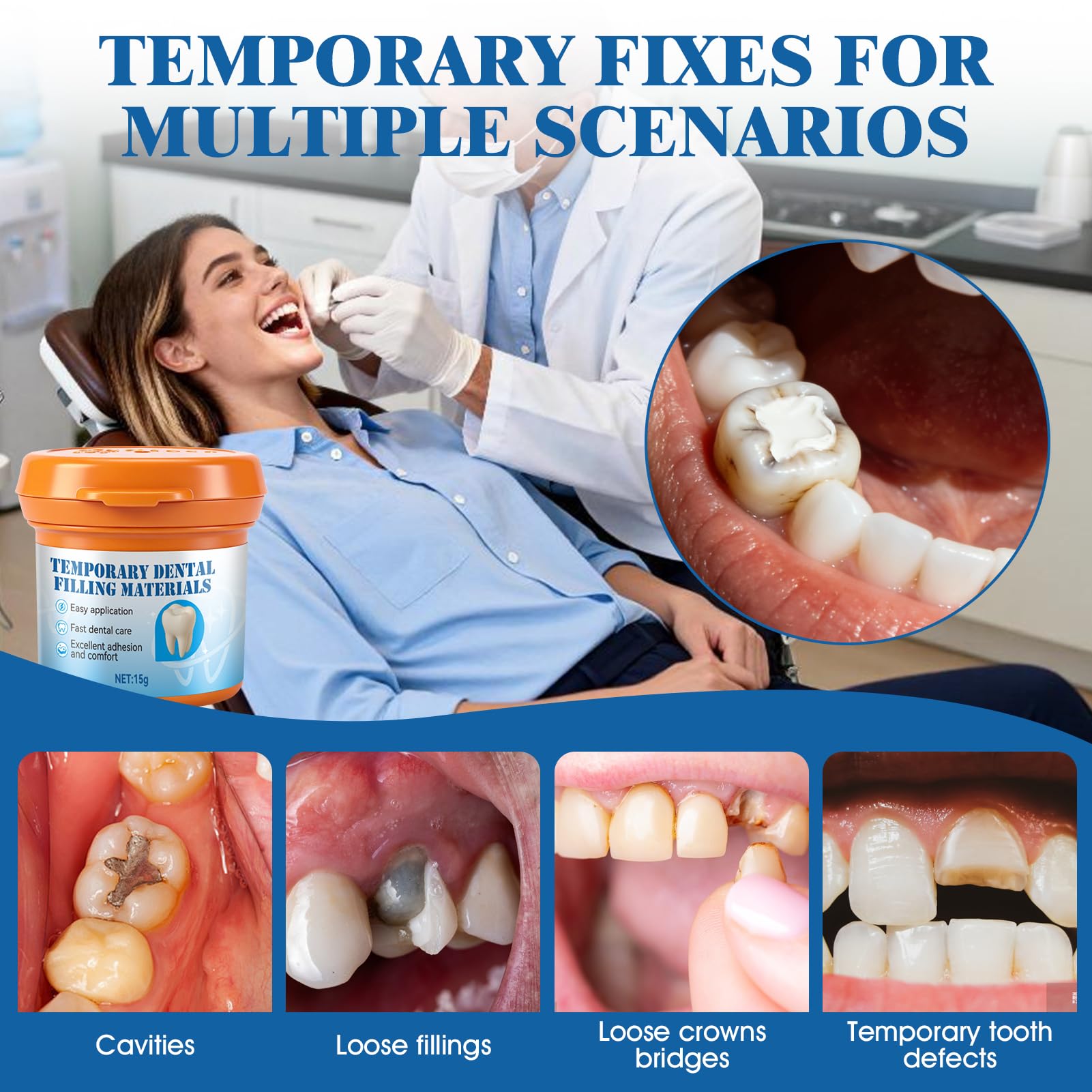 Cemento Dental Temporal, Kit de Relleno para Caries, 15g