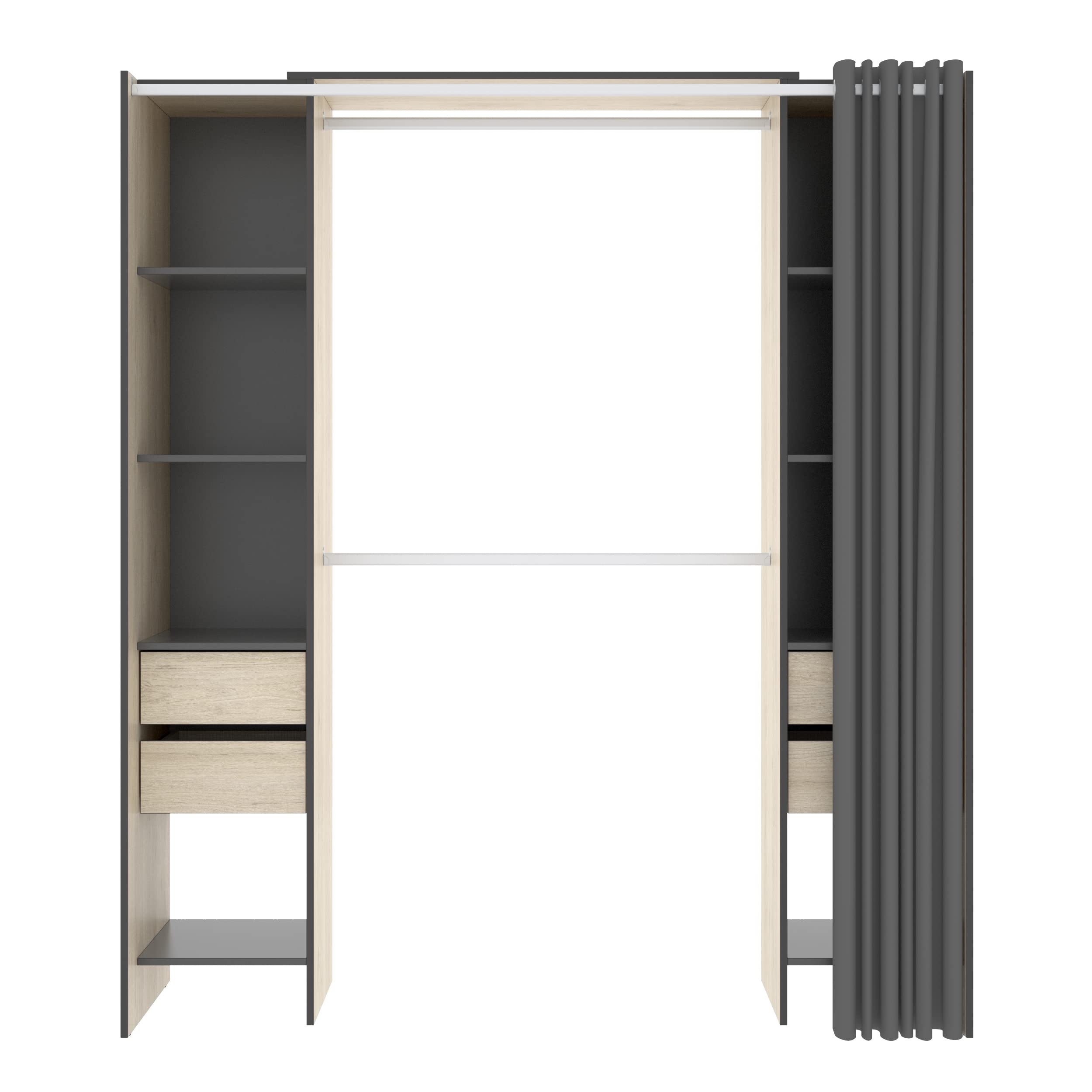 DEKIT GRUPO RIMOBEL SUIT - Vestidor con estantes y curato cajones con cortina - Natural / Grafito - 205 X 50 X 177,5 cm