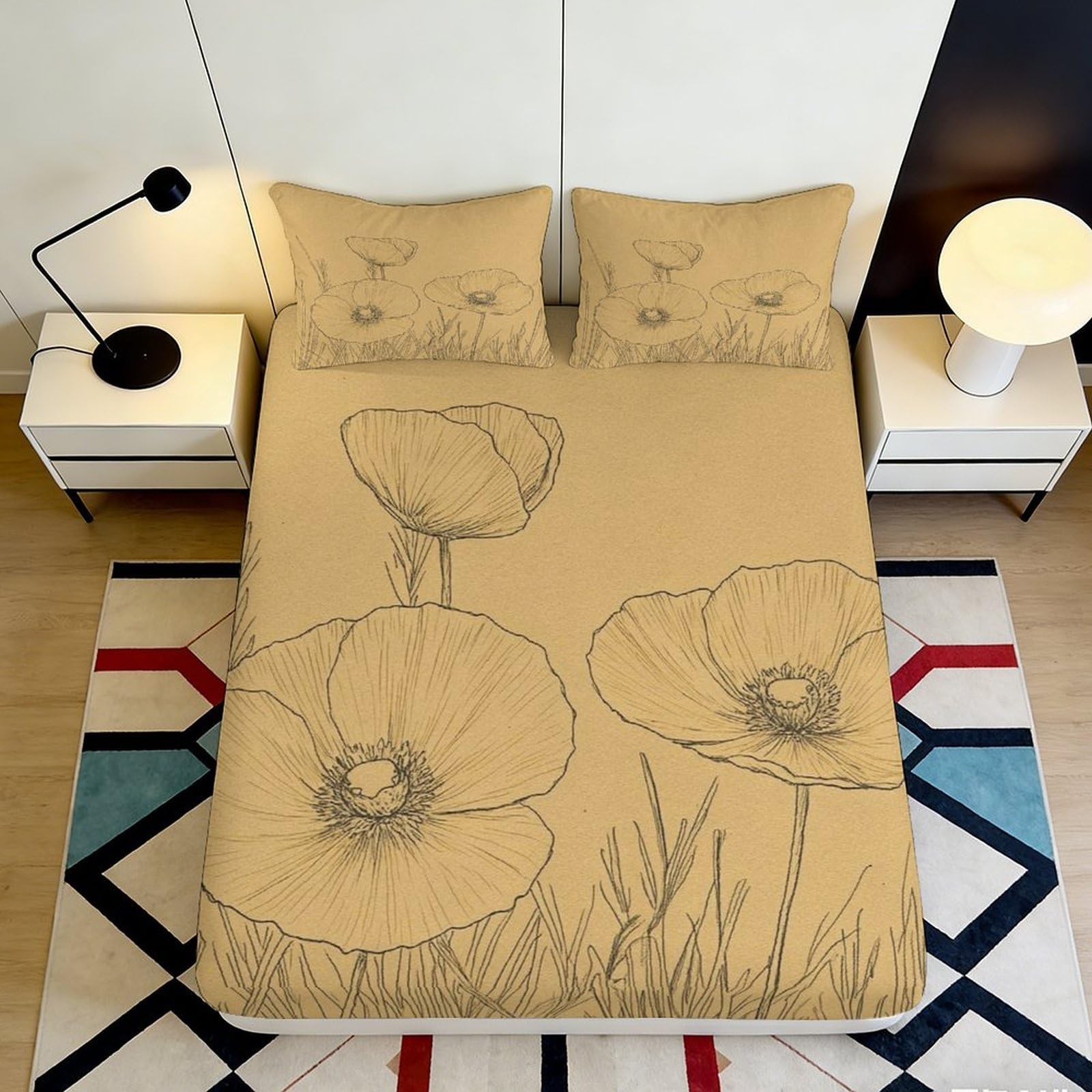 3D Printed Poppy Fitted Sheet Microfiber Soft Breathable Floral Bed Cover for Bedroom Dormitory Guest Room Mattress Protection Decor 180x200x25cm