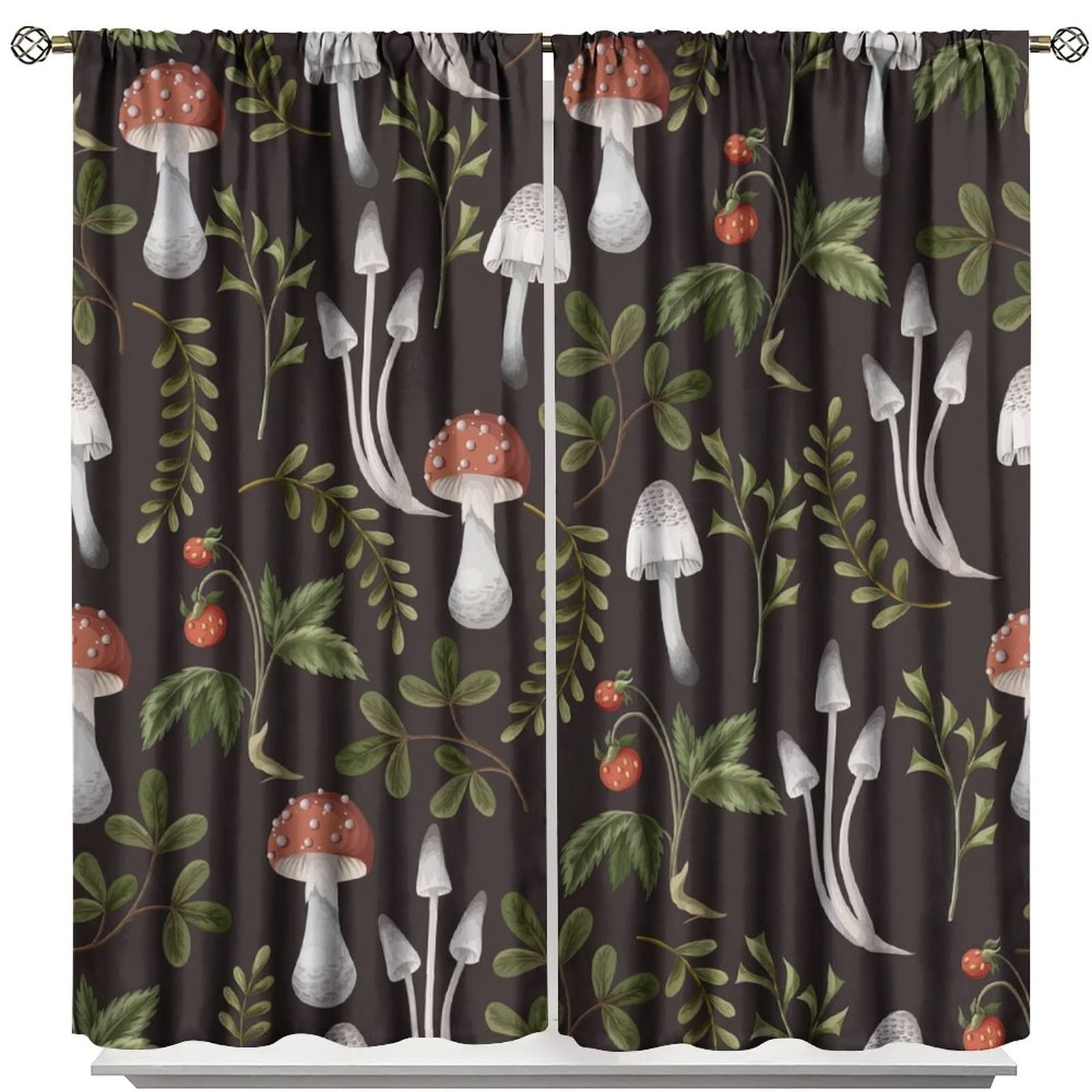 Mushroom Curtains,Farmhouse Rustic Cabin Lodge Mushrooms Plant Leaves Room Darkening Door Window Rod Pocket Curtain for Living Room Bedroom Kitchen Bathroom W52xL84in