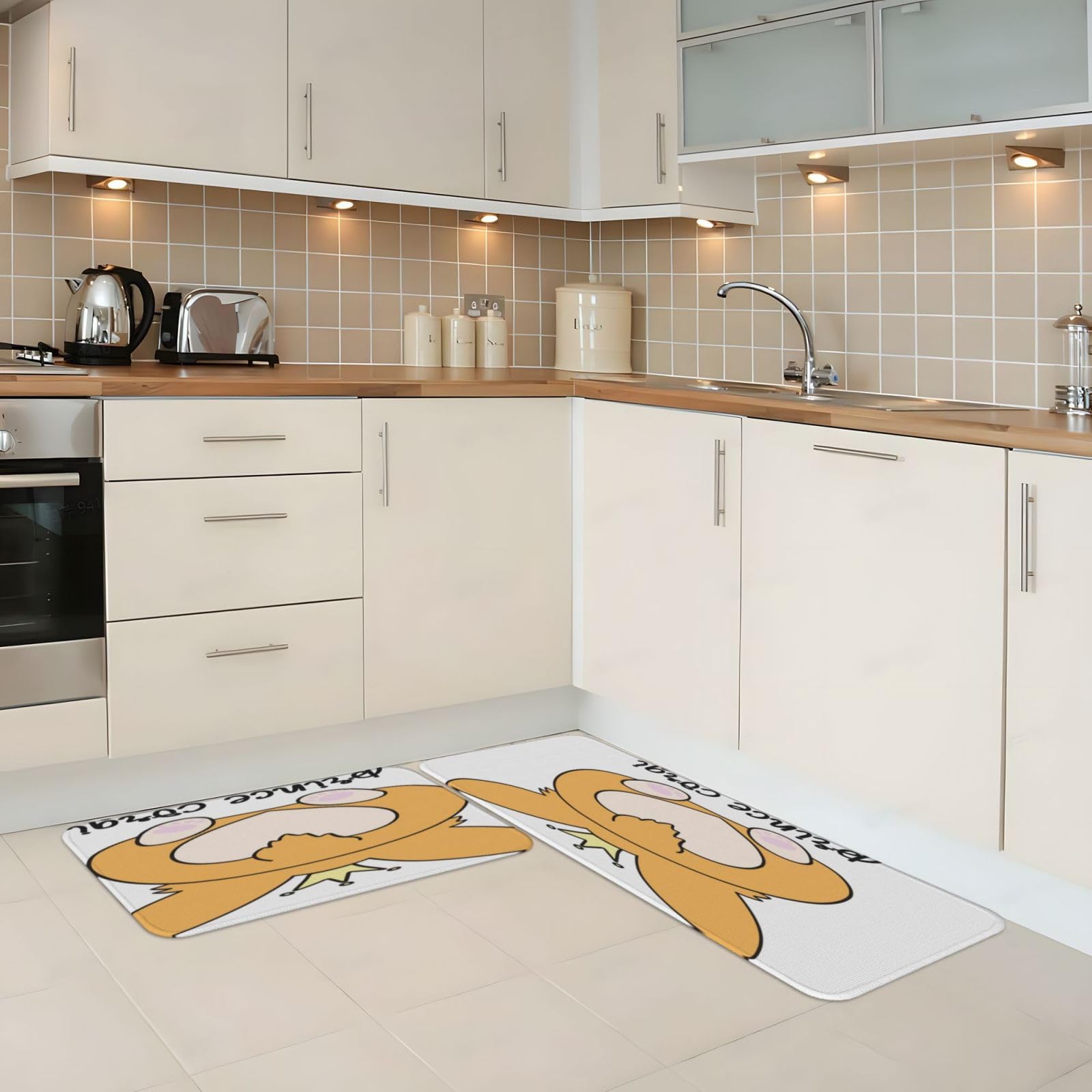 Prince Corgi Küchenmatte mit Hunde-Aufdruck, für Boden, Bauernhaus, Küchenteppich, 2er-Set, rutschfeste Küchen-Bodenmatte für Waschbecken, Wäsche, Büro, Zuhause, Schreibtisch, 43,2 x 129,2 cm