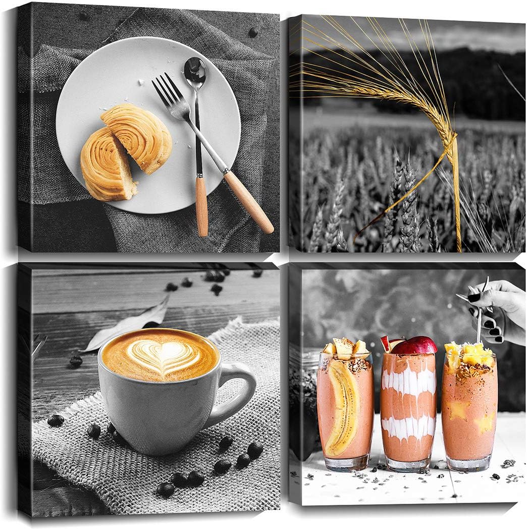 Cortolar Kitchen Canvas Wall Art Prints Black and White Coffee Food Painting Picture for Restaurant Dining Room Cafe Wall Decoration (12"x12"x4pcs)