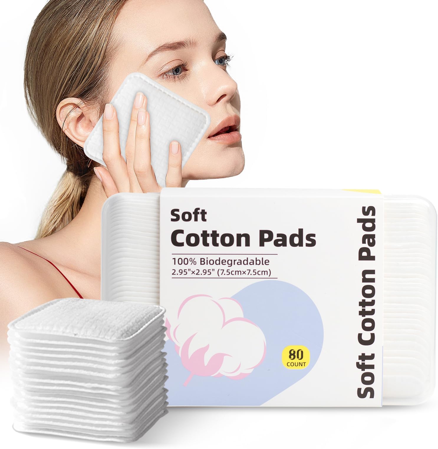 Large Square Cotton Pads, 80 Count, Lint-Free, Ultra-Soft, Rounded Corners, Multi-Layer, for Makeup Removal, Toner, Facial Cleansing, Boxed