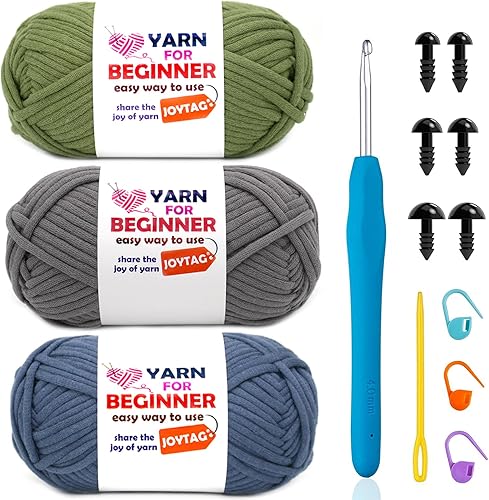 Paquete de 3 hilos de ganchillo para principiantes, hilo de ganchillo de algodón azul, gris y verde, para tejer a ganchillo, para principiantes con
