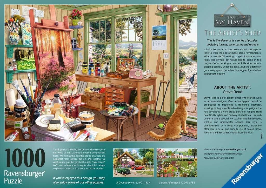Ravensburger My Haven Artist's Shed 1000 Piece Jigsaw Puzzle | Relaxing Puzzle Imagery | Every Piece Unique with Softclick Technology | Durable Blueboard Made from Eco-Friendly Materials