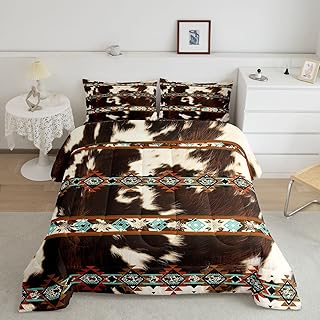 Erosebridal Cowhide Quilt Brown Highland Cow Print QueenÂ ComforterÂ Set,Western Bedding Set Exotic Aztec Duvet Insert,Farmhouse Wild Animals Longhorn Skin Room Decor Cowboys Gifts for Men