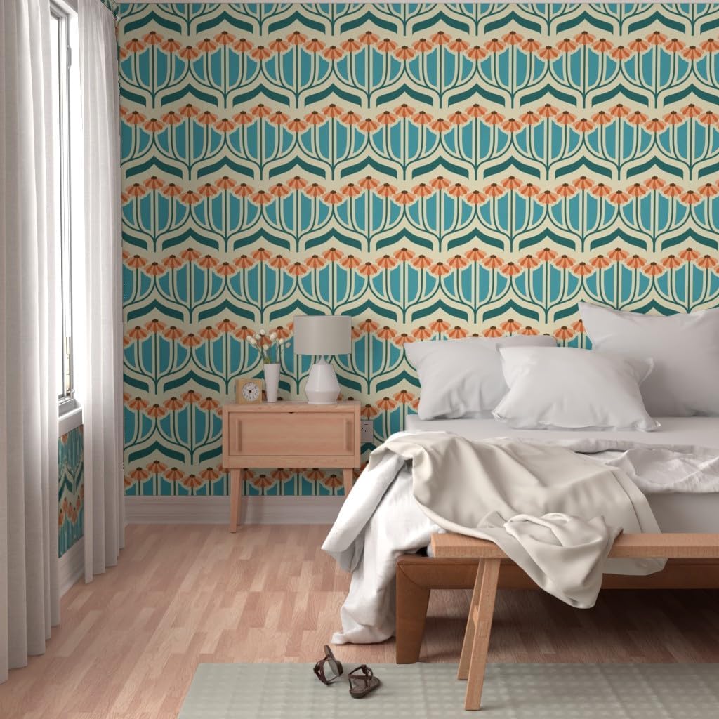Peel & Stick Wallpaper 6ft x 2ft - Retro Daisy Vintage Blue Flowers Orange Art Nouveau 70S Custom Removable Wallpaper by Spoonflower