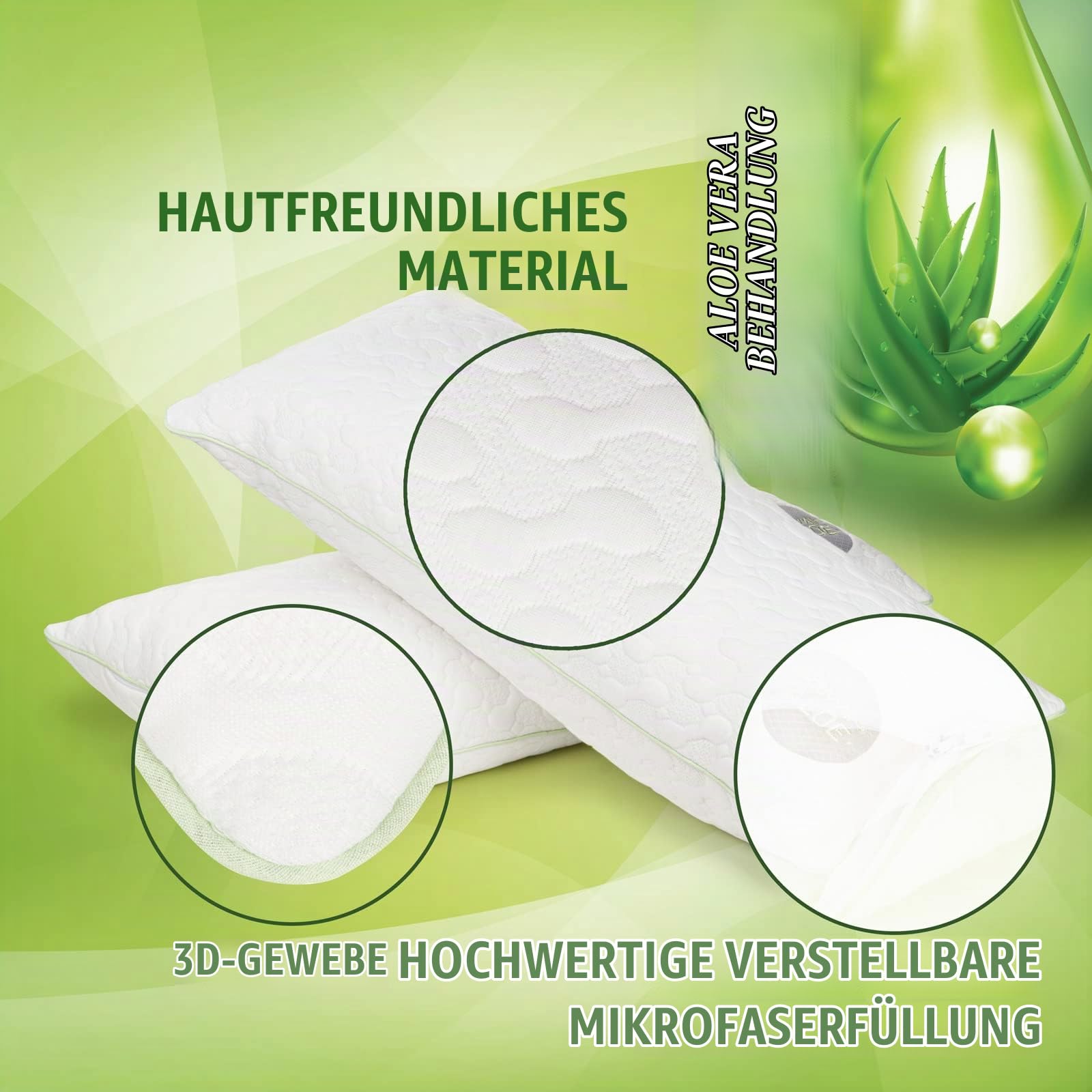 Vitapur Kopfkissen 40 x 80 Aloe Vera (2er Pack) - Kühl im Sommer, Warm im Winter - No.1. Seitenschläfer Kissen mit beruhigender Wirkung - Sehr Atmungsaktiv