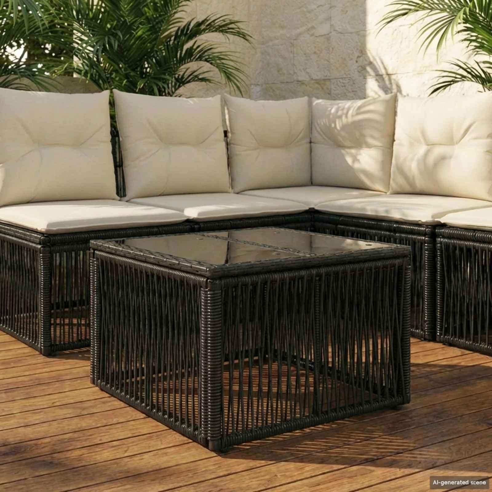 Mesa de jardín negra de ratán PE resistente a rayos UV y a la intemperie con sobre de cristal