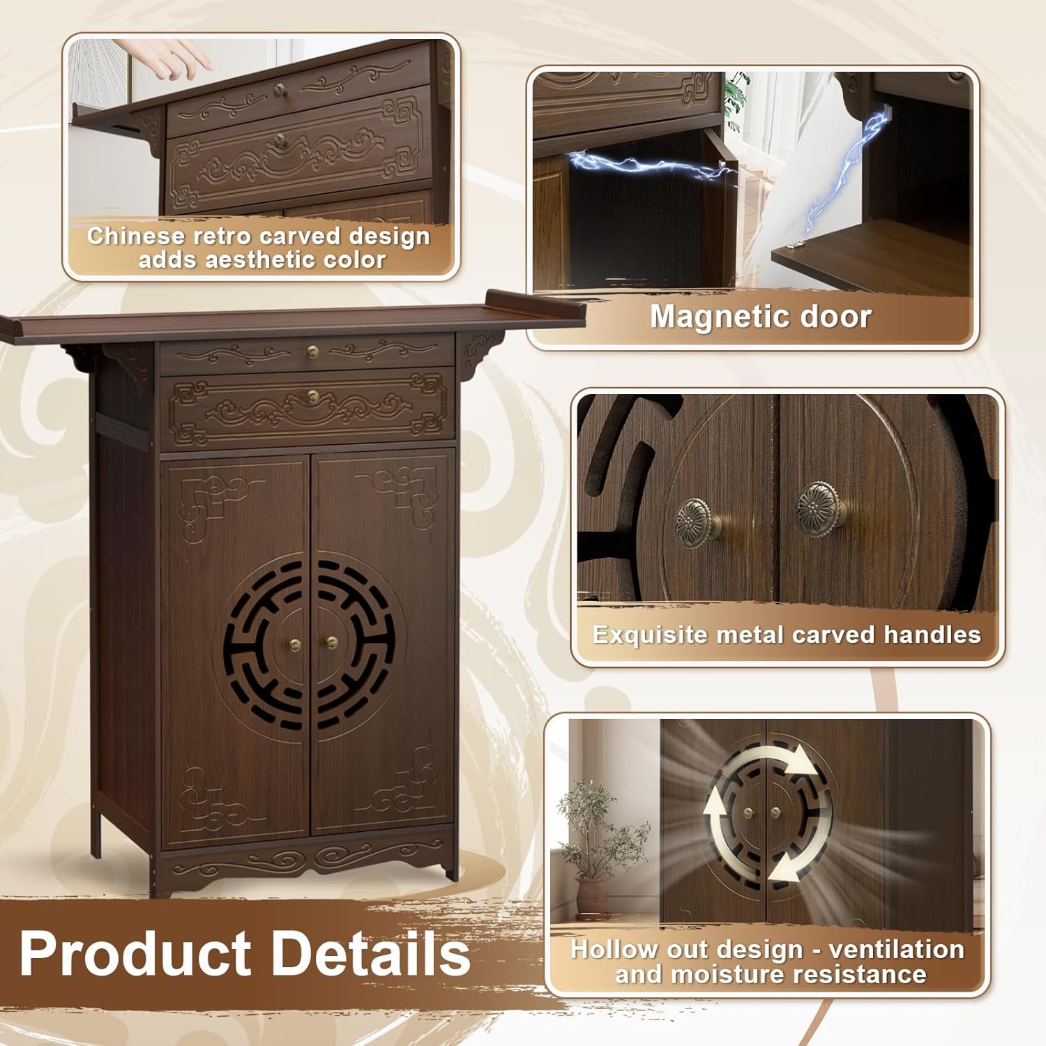 Altar Table for Spiritual, Buddhist Altar Table with Storage, Intricate Chinese Meditation Cabinet Pedestal Offering Desk, Personal Prayer Shrine Desk for Incense and Pray