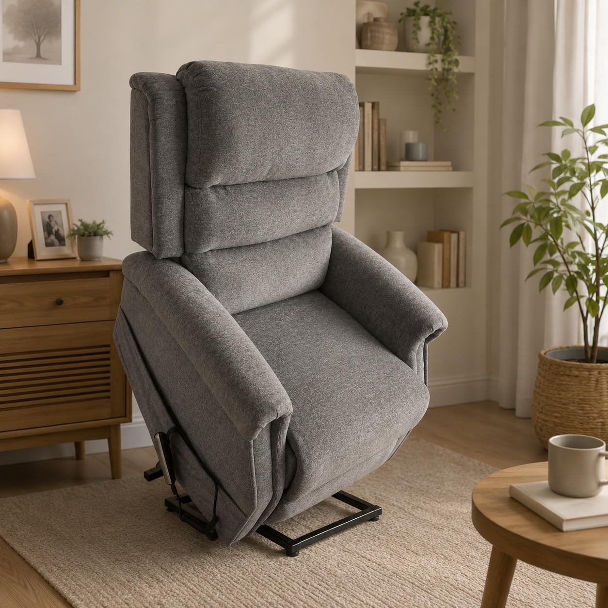 PLUS SANTE – Fauteuil releveur électrique Oslo | 1-2 Moteurs indépendants Dossier & Repose-Jambes, Fonction Relaxation, Mousse Haute densité | 90×94×110 cm | 48 kg (Gris/Tissu, 2 Moteurs)