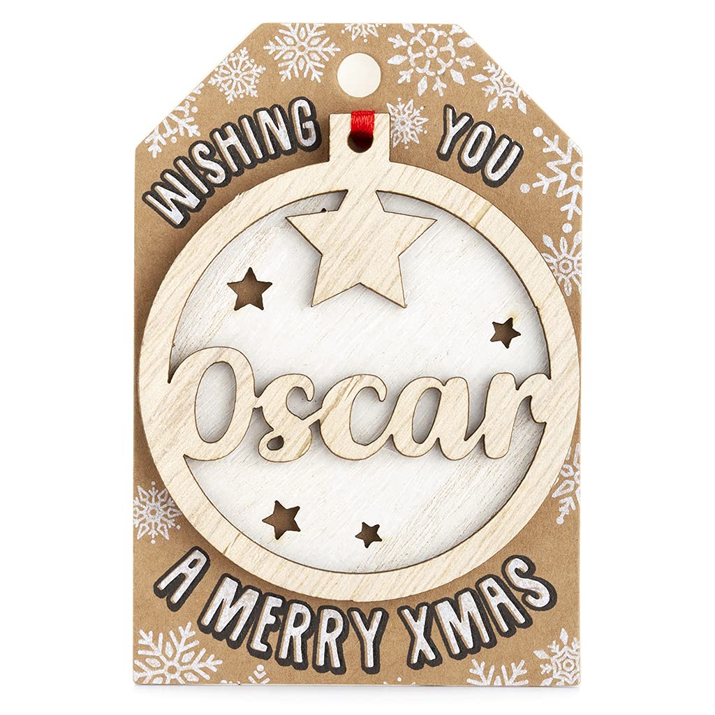 Personalised Wooden Oscar Name White Hanging Christmas Tree Bauble Decoration