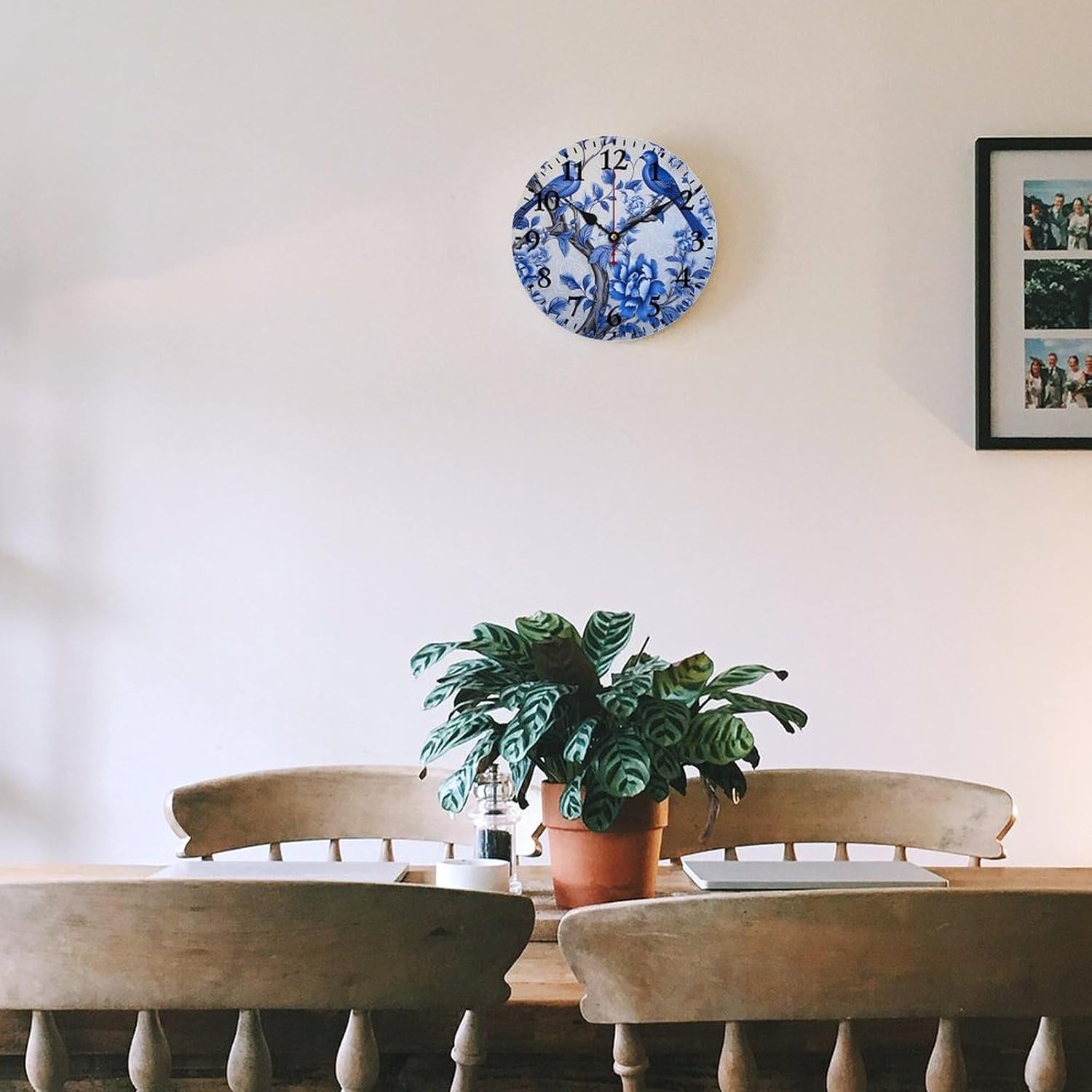 16 Inch Wall Clock Navy Blue Watercolor Spring Flower Bird Rustic Wooden Art Hanging Clock Battery Operated Silent Non-Ticking Arabic Numbers Flying Bird Flower Blue White Clock Living Room Office