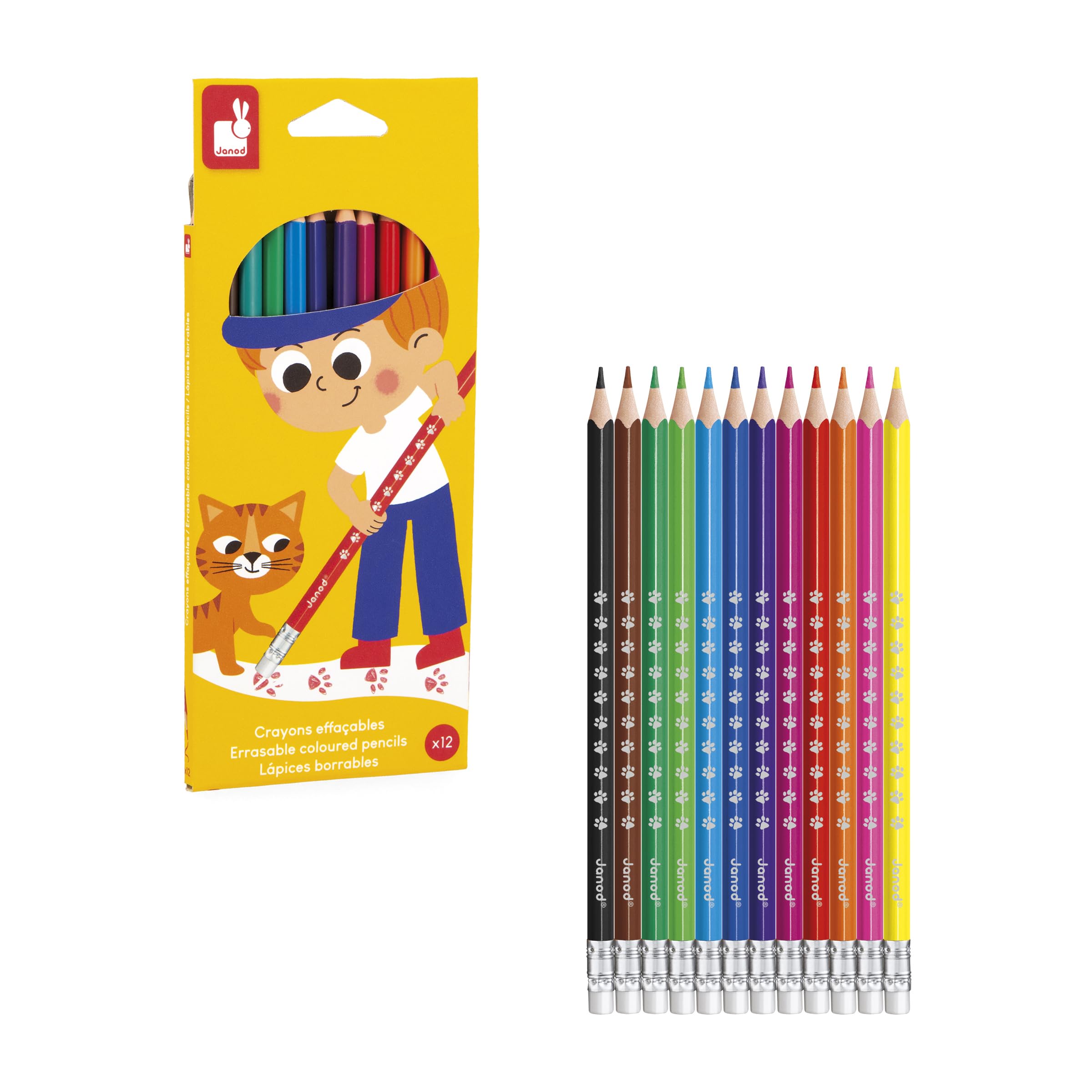 Janod – 12 Crayons De Couleur Effaçables – Embout Gomme, Forme Ergonomique Triangulaire – Dès 3 Ans – Lot Créatif