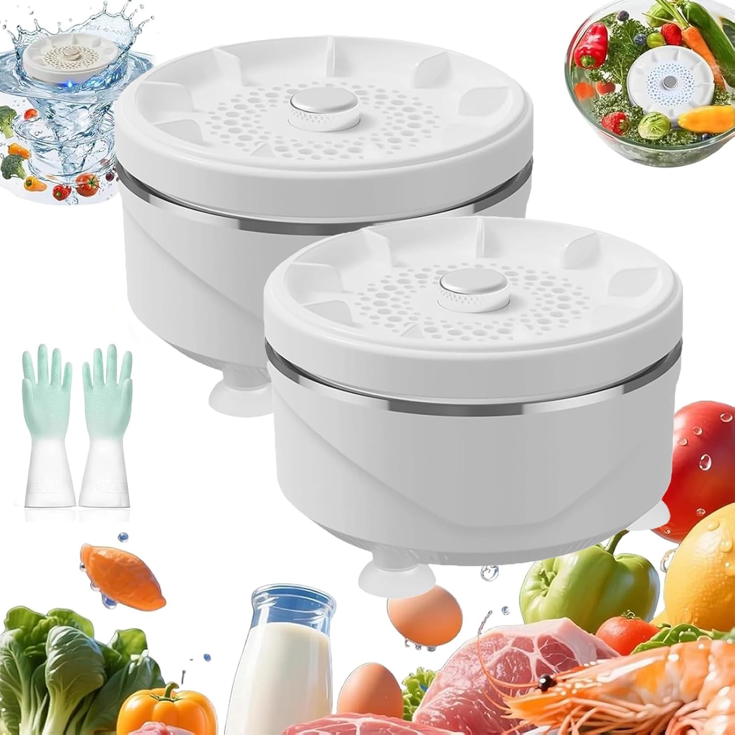 Fruit and Vegetable Washing Machine, Titanium Electrolysis Produce Purifier with Vortex Flow, IPX7 Waterproof Wireless Fruit Cleaner Device for Veggies, Rice, Meat, Seafood (White*2)
