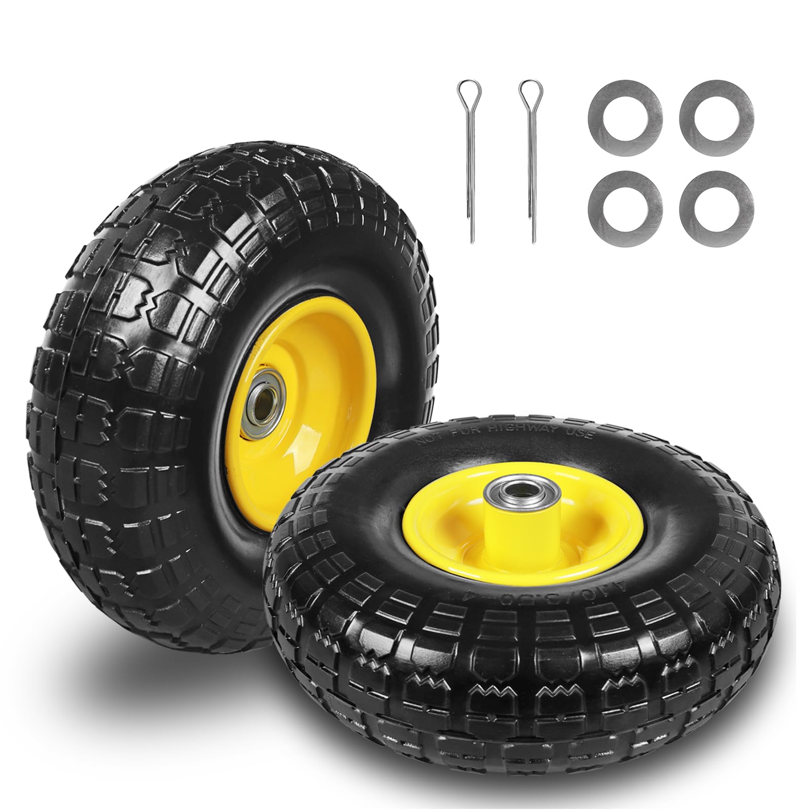 10 Inch Soild Rubber Dolly Tire Wheels, 4.10/3.50-4" Tire and Wheel Flat Free for Garden Carts, 5/8" Bearings,2.1"Offset Hub for Hand Truck, Gorilla Cart, Wheelbarrow Metal (2 Packs)