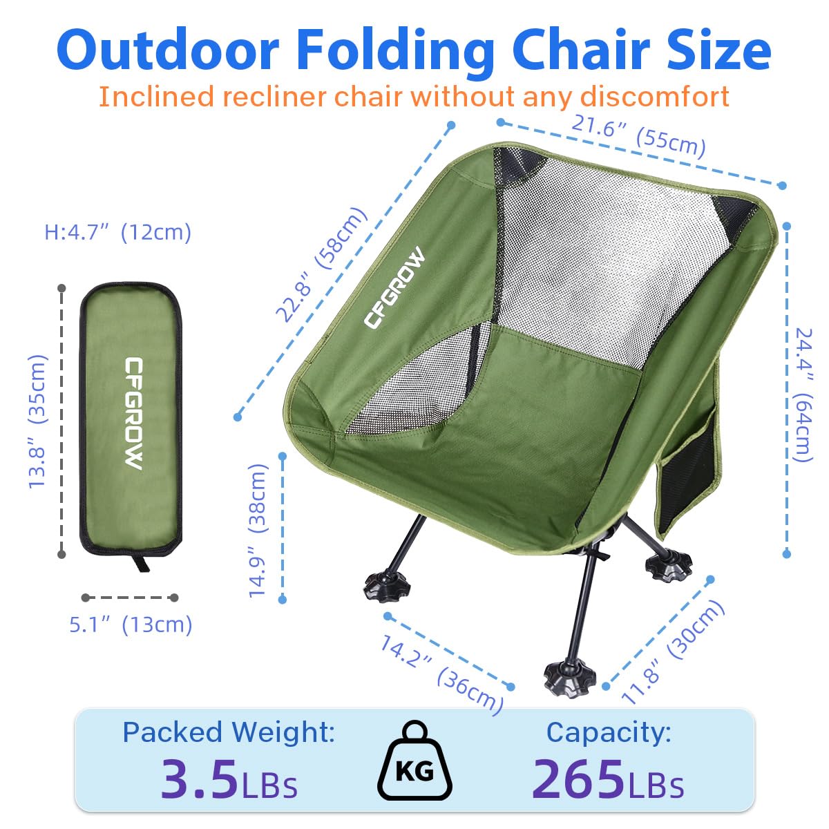 CFGROW Sedia da campeggio pieghevole, portatile, 150 kg, ultraleggera, piccola dimensione, pieghevole, con borsa per il trasporto, per picnic, pesca, giardino, escursioni, viaggi, zaino (verde)
