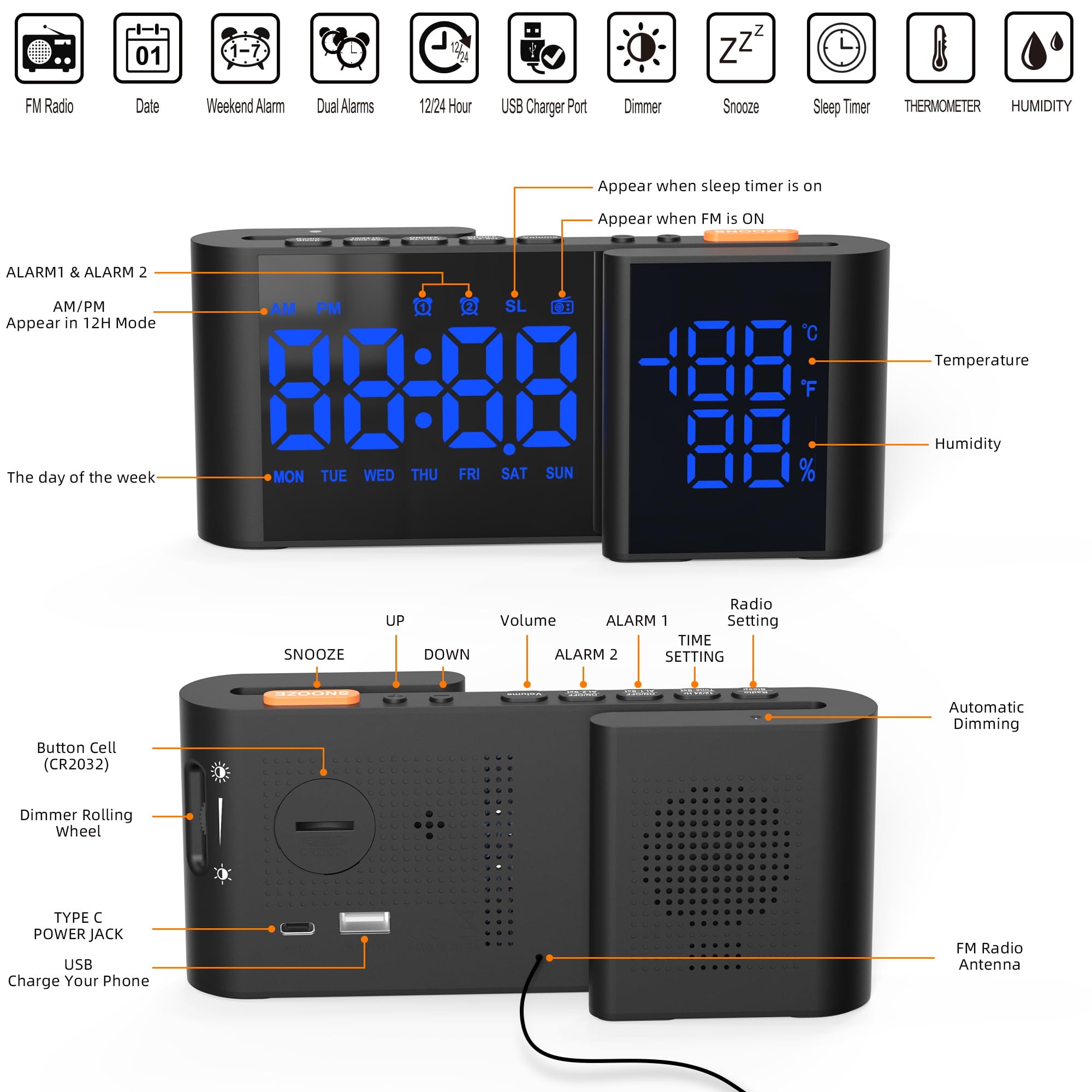 Lancoon Radio Sveglia Digitale LED A Specchio - Doppia Sveglia Con Temperatura E Umidità - Foto 10