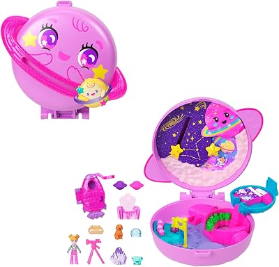 Polly Pocket Puppen und Spielset, Planet Polly Weltraum-Schatulle, Reisespielzeug mit 1 Minipuppe, Hündchen und passendem Zubehör, JCB18