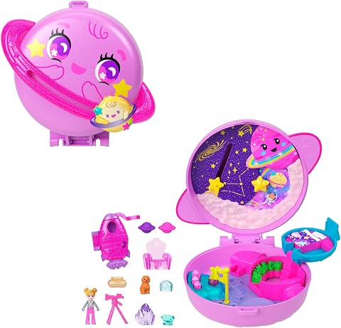 Polly Pocket Bebek ve Oyun Seti, Planet Polly Outer Space Compact, 1 Mikro | Taşınabilir Seyahat Oyuncak, 1 Mikro Bebek, Pet Köpek ve Temalı Aksesuarlar, JCB18