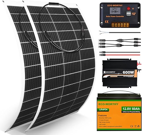 Miniatura 1 de ECO-WORTHY Kit de inicio de panel solar completo flexible de 260 vatios y 12 V para RV fuera de la red con batería e inversor 2 paneles solares de