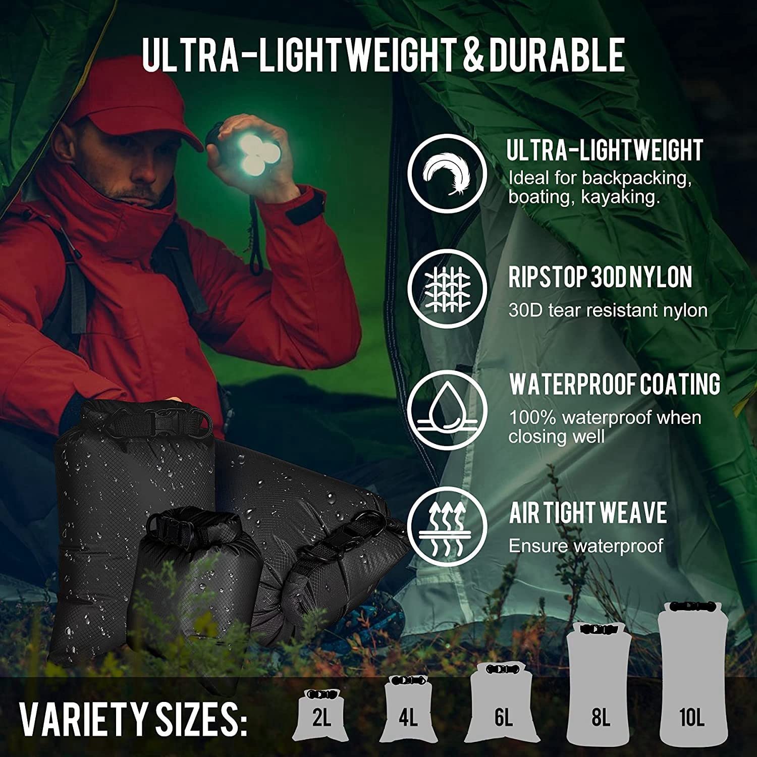 Pack de 6 Bolsas Impermeables para Kayaking, Boating, Bolsa Seca, Almacenamiento al Aire Libre para Canoeing, Camping, natación, Senderismo, Color Negro