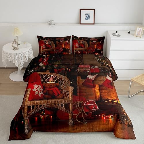 Juego de ropa de cama de Feliz Navidad, tamaño Queen, juego de edredón con temática de chimenea de Navidad para niñas y niños, regalos de árboles de