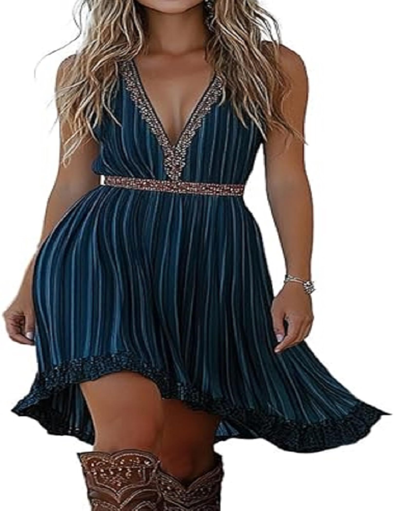 Women’s Vintage Western Cowgirl Dress with Spaghetti Straps and Lace Hem Summer Boho Dress Blue