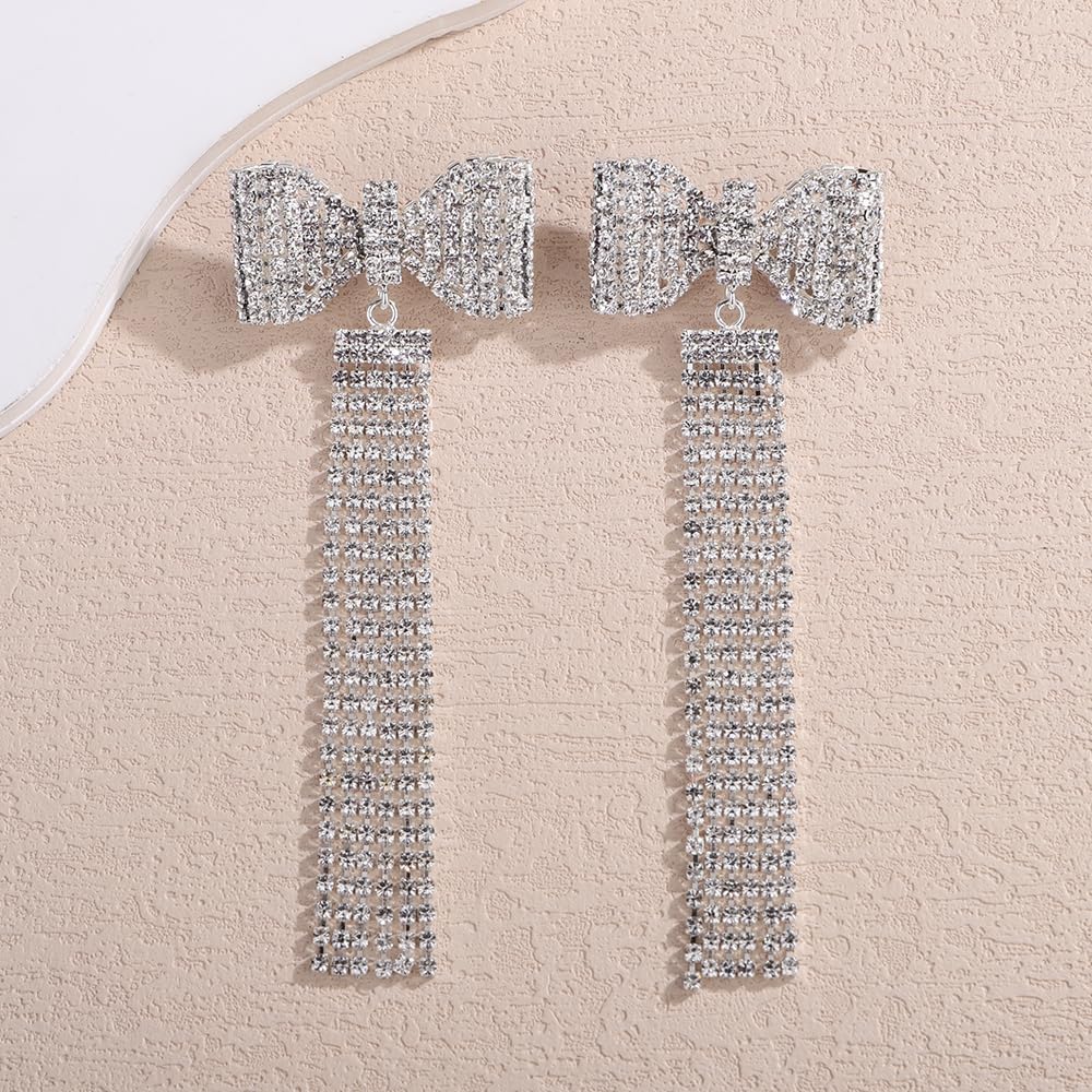 Kercisbeauty Rhinestones Bowtie Earrings with Tassels Long Chain Statement Jewelry for Women image 4