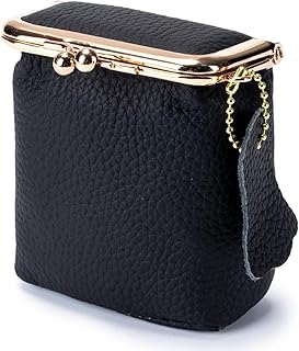 Litchi Leather Coin Purse for Women, Portable Vintage Wallet Mini Lipstick Holder Fashion Solid Color Kiss Lock Key Storage Square Pouch (Black)