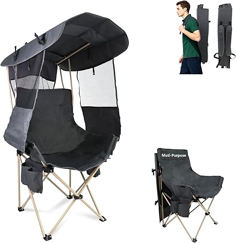 Sillas plegables para acampar al aire libre silla de playa portátil deportiva con toldo, sillas de playa con sombrilla para adultos, silla de
