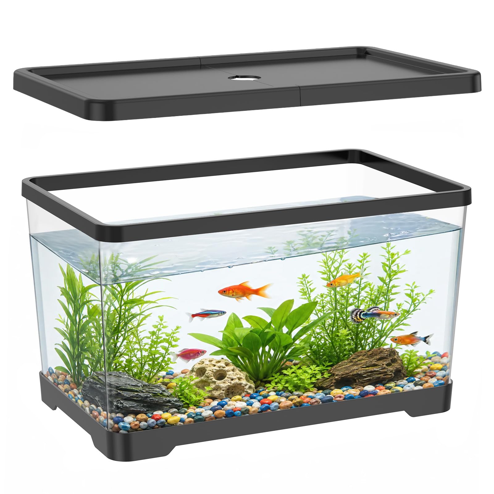 2 Gallon Plastic Fish Tank with Drain Hole - 30x19x17cm Shatterproof Small Rectangular Aquarium for Betta Fish & Guppies - Clear Desktop Terrarium Bowl for Home Office(Black)