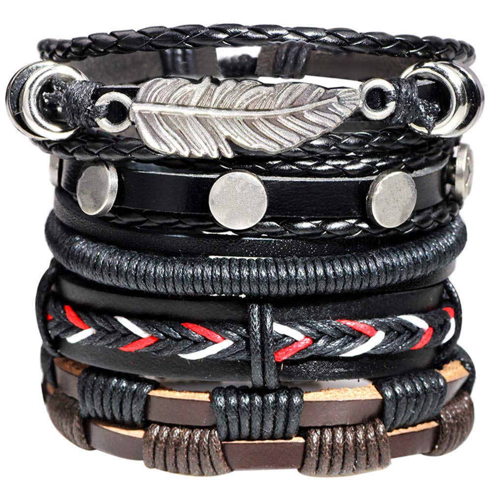 TYONMUJO Mens Bracelet Set Beads Leather Stranded Multilayer Braided Rope Adjustable Feather (B087BVCW13) Amazon Price History, Amazon Price Tracker