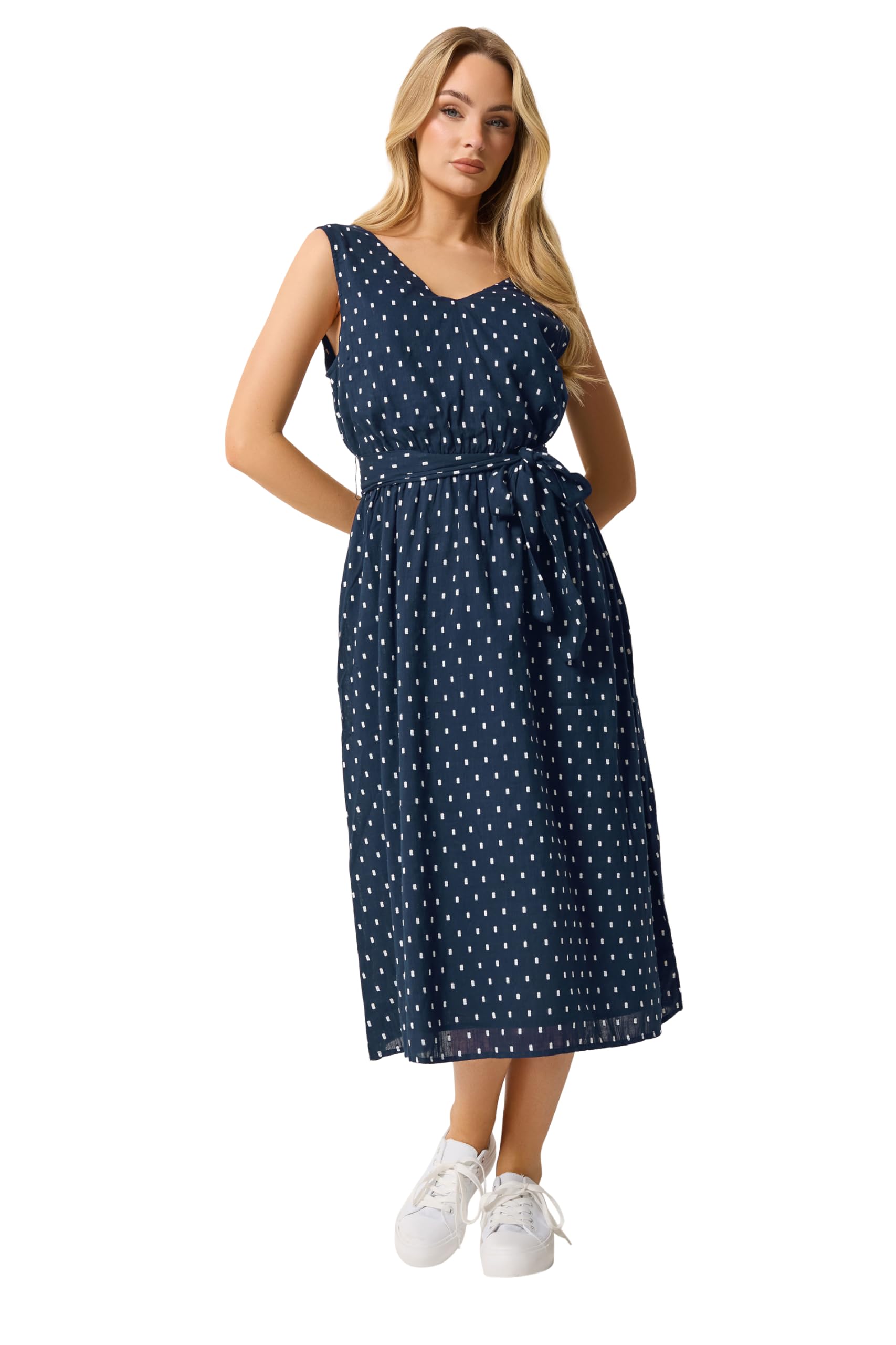 M&Co Women's Mid Navy Dobby Tie Waist Midi Dress In | Size: 14