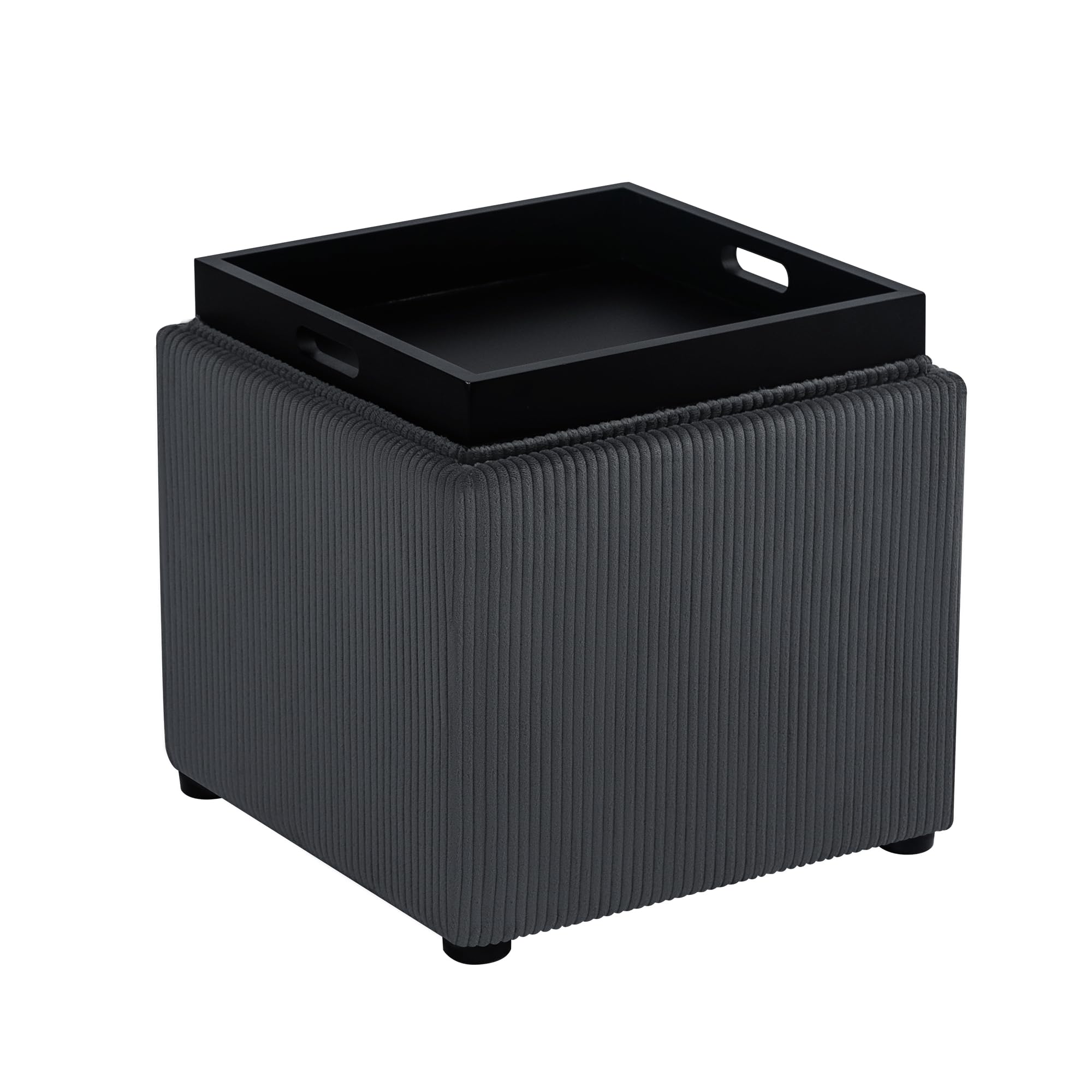Joveco Storage Square Ottoman with Tray, Small Corduroy Foot Rest Stool Cube, Coffee Table for Dorm Living Room Bedroom, Dark Gray