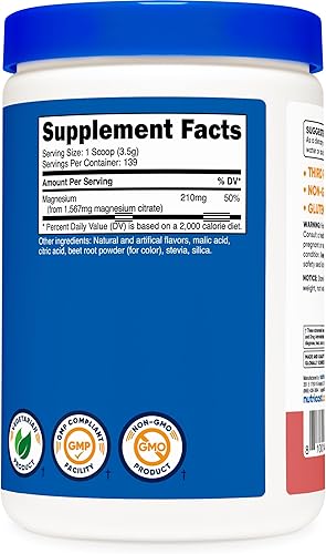 Miniatura 5 de Nutricost Citrato de magnesio en polvo (limonada de frambuesa, 17.64 oz)
