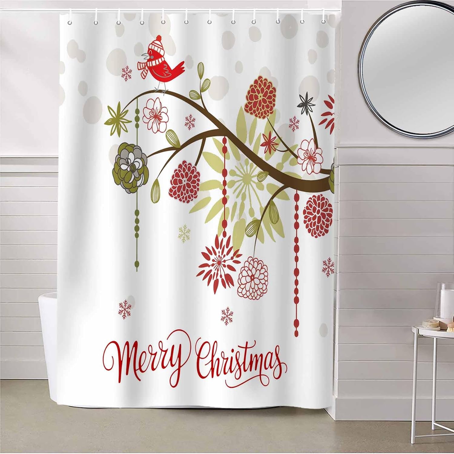Christmas Flower Shower Curtain Set with Hook 72" x 72",Washable Cloth Polyester Fabric Shower+Curtain,Waterproof Bath Curtains for Bathroom,Showers,Bathtubs Decor Modern Geomereic Floral Red Bird