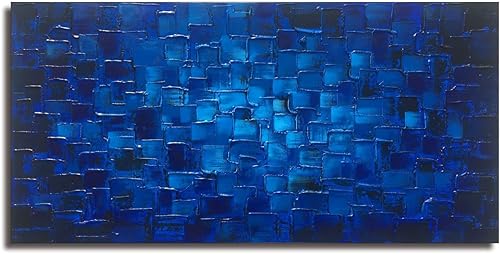 MyArton Arte de Pared de Lienzo con Cuadrados Abstractos Texturizados Pintado a Mano Pintura al Óleo Moderna Azul Oscuro para Decoración Listo para