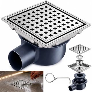Duschrinne Quadratisch Edelstahl Bodenablauf mit 360° Siphon Geruchsstop, 15x15CM Bodenablauf Dusche, 2 in1 Befliesbar Ablaufrinne Duschablauf, Doppelte Filterung, Hoher Abflussleistung (Modell 2)