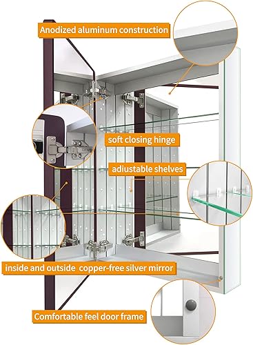 Miniatura 3 de Botiquín de aluminio para baño con marco de café de granja de 30 pulgadas de alto x 22 pulgadas de ancho, gabinete de espejo de montaje en